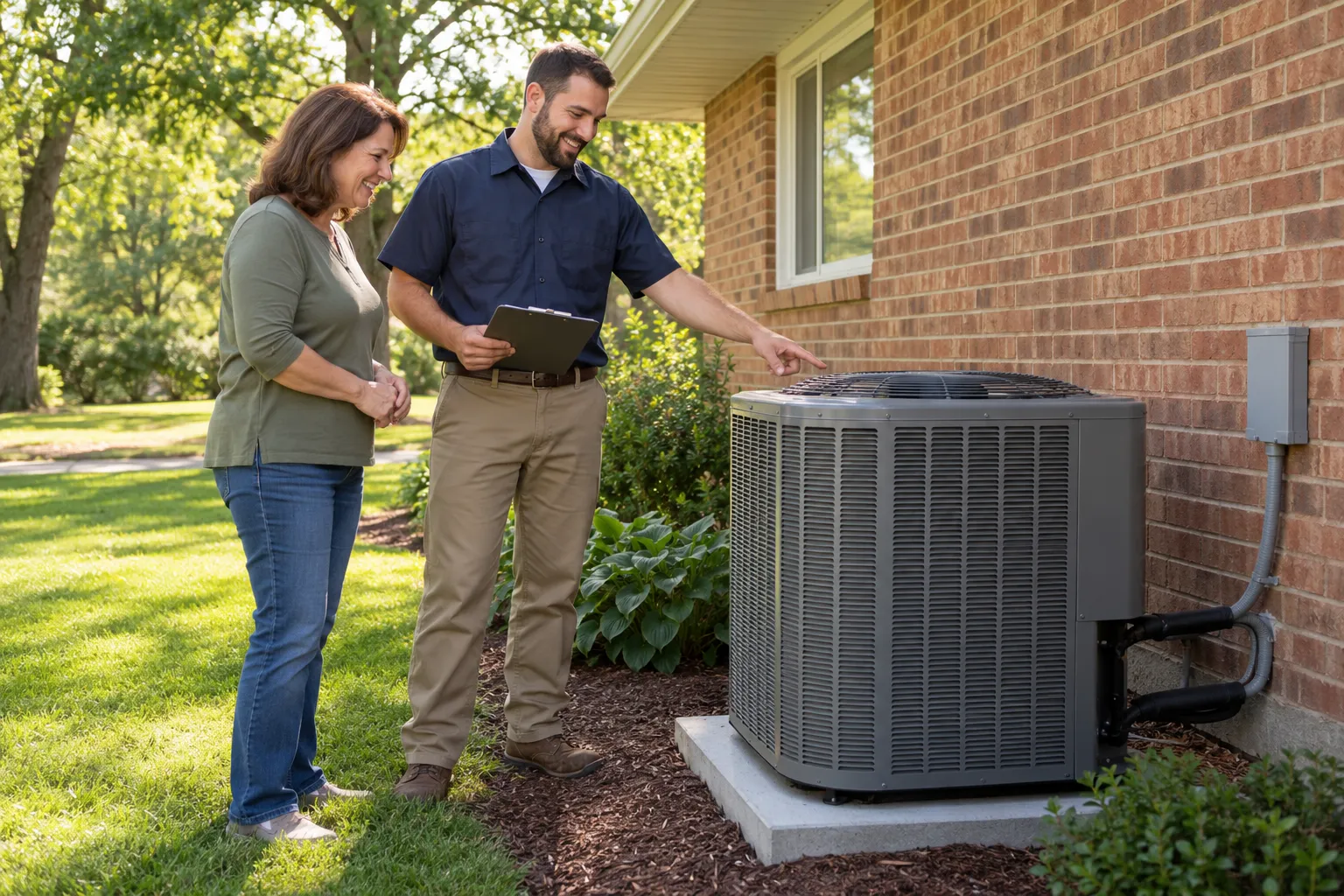 Friendly independent HVAC provider showing a homeowner a new outdoor AC unit beside a ranch home in the St. Louis area
